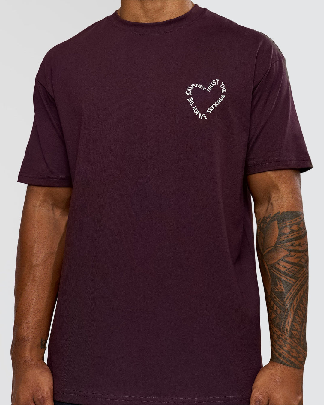 Man wearing Love The Process FLXCotton Oversize Tee - Midnight Plum-White | Model:Xav | Size:L