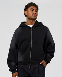 Man wearing Memory in Motion Ultra Heavyweight Zip Thru Hoodie - Black Washed | Model:Xav | Size:L