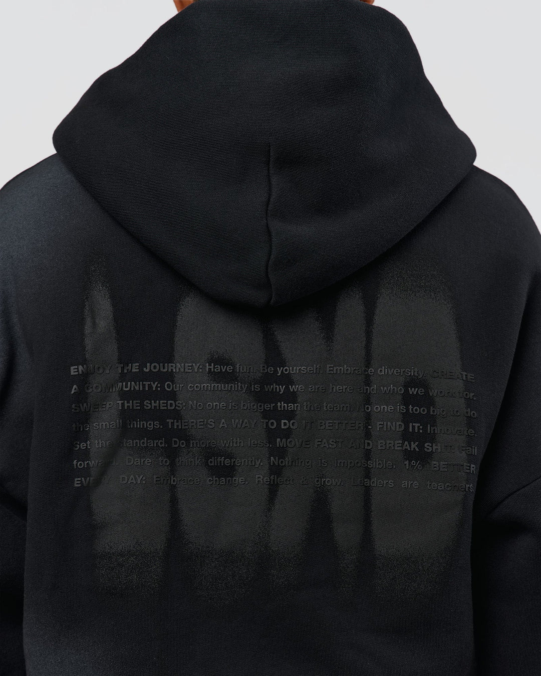 Man wearing Memory in Motion Ultra Heavyweight Zip Thru Hoodie - Black Washed | Model:Xav | Size:L