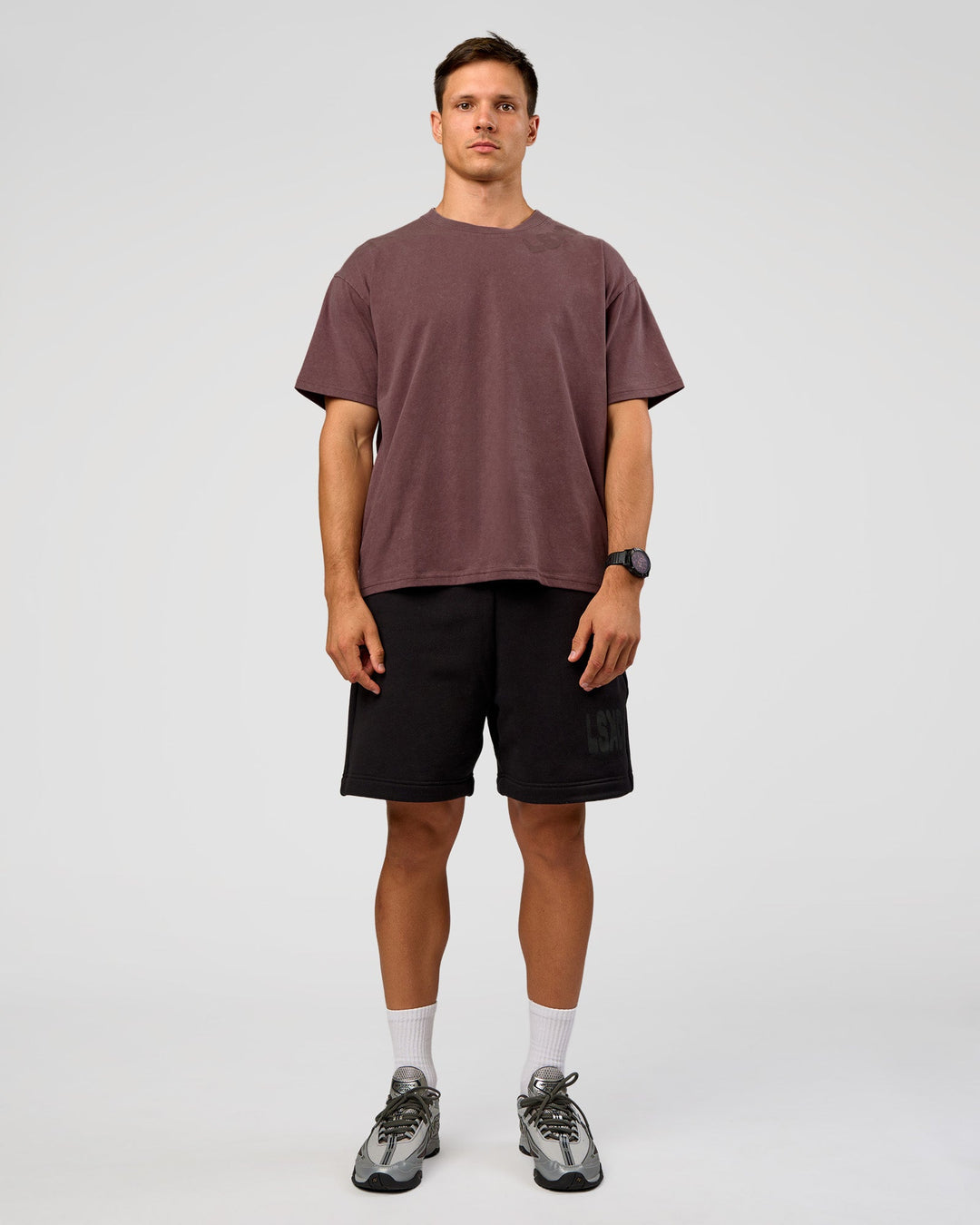 Man wearing Offset Heavyweight Unisex Oversized Tee - Cocoa Powder-Cocoa Powder | Model:Liam | Size:L
