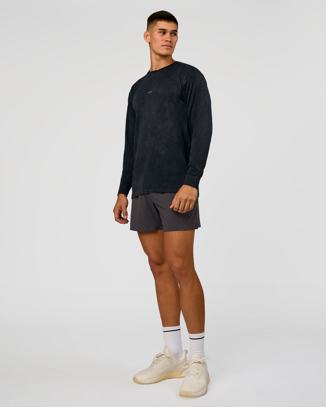 Man wearing Power Oversized Long Sleeve Tee - Black Washed | Model:Jackson | Size:L