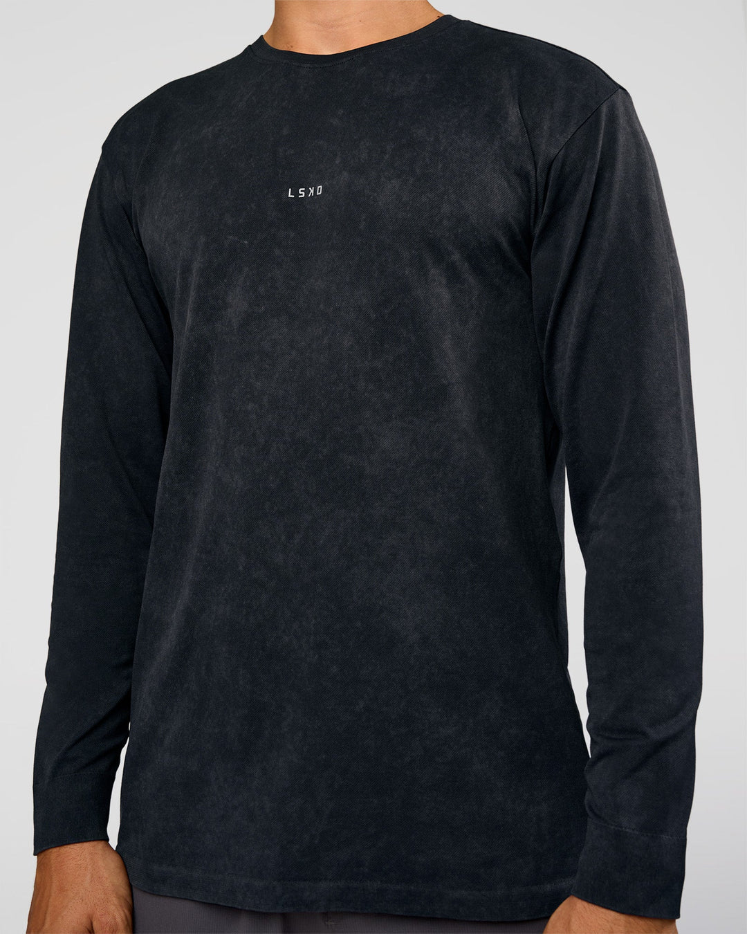Man wearing Power Oversized Long Sleeve Tee - Black Washed | Model:Jackson | Size:L
