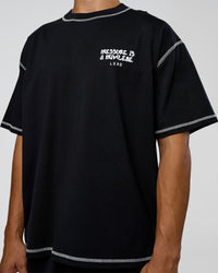 Man wearing Pressure is Privilege Oversized Tee - Black-White | Model:Jackson | Size:L
