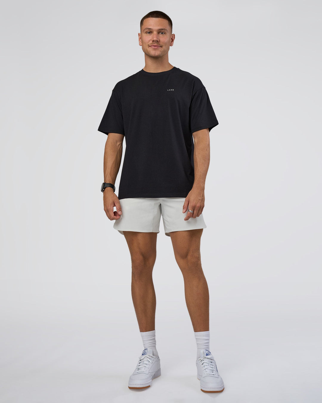 Man wearing Research Department FLXCotton Oversized Tee - Black | Model:Nikola | Size:L