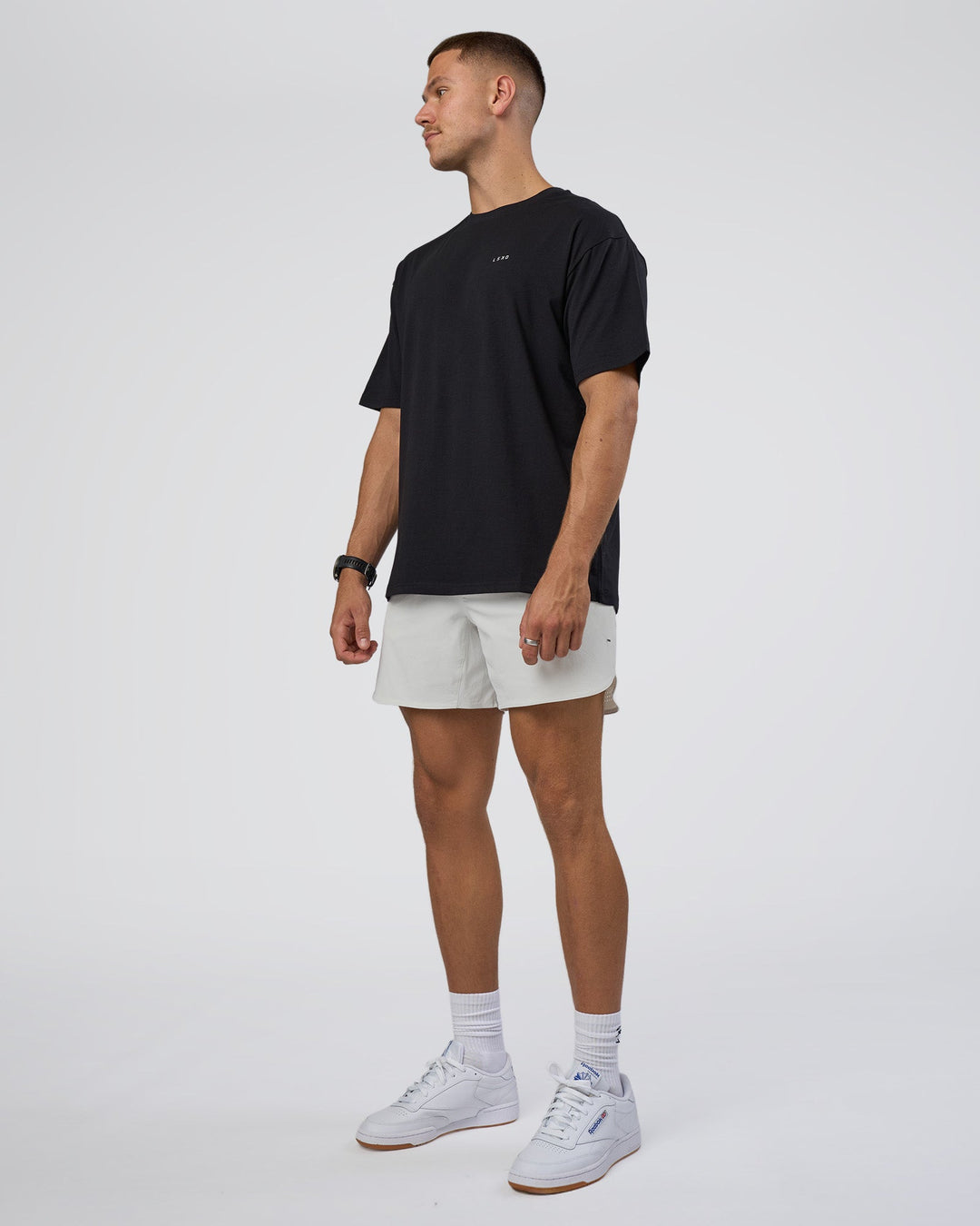 Man wearing Research Department FLXCotton Oversized Tee - Black | Model:Nikola | Size:L