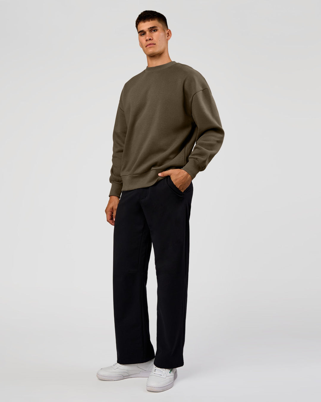 Man wearing Shadow Mode Oversized Sweater - Walnut Grey | Model:Jackson | Size:L