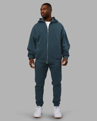 Man wearing Stream Oversized Panel Zip Hoodie - Deep Sea | Model:Sam | Size:L