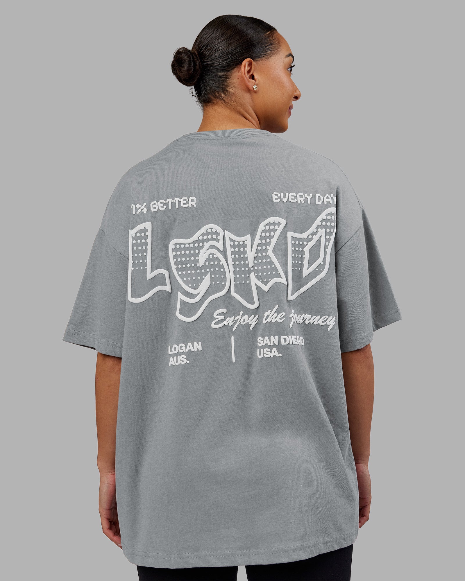 Woman wearing Time's Up Heavyweight Oversized Tee - Circular Grey-White | Model:Ayla | Size:L