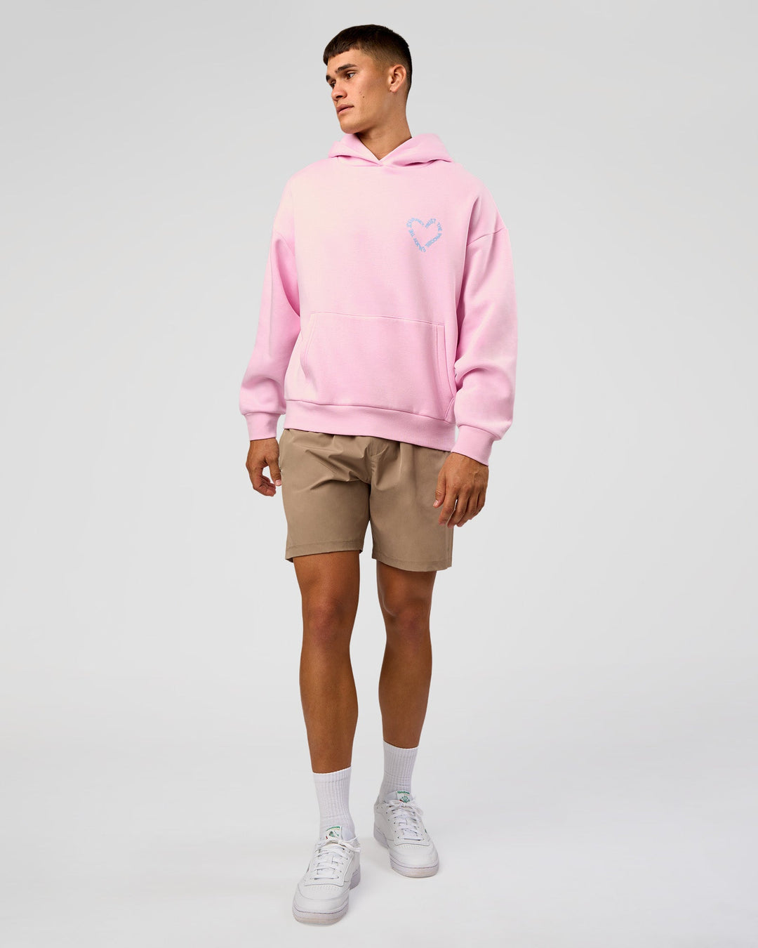 Man wearing Unisex Love The Process Oversize Hoodie - Marshmallow-Open Air | Model:Jackson | Size:L