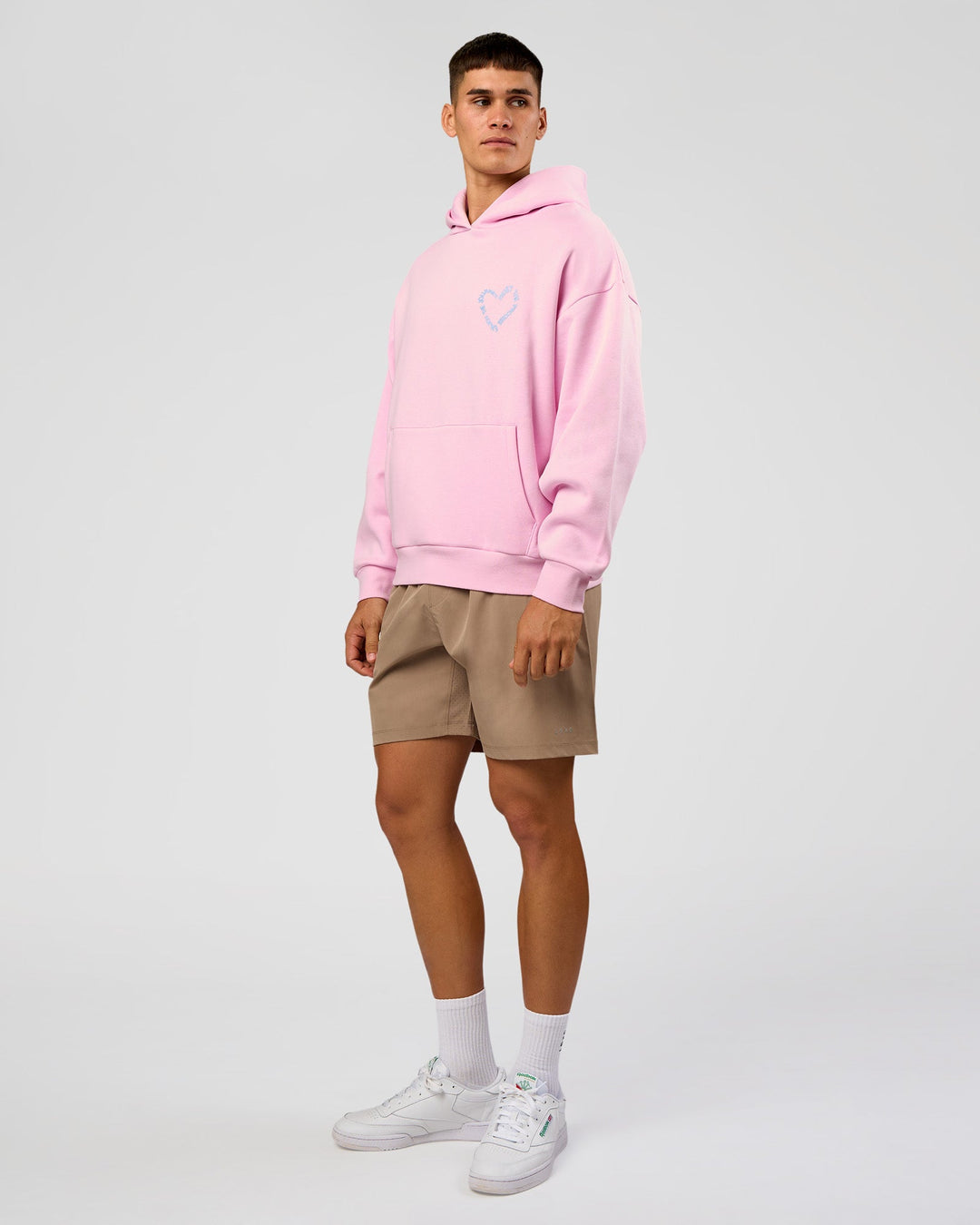 Man wearing Unisex Love The Process Oversize Hoodie - Marshmallow-Open Air | Model:Jackson | Size:L