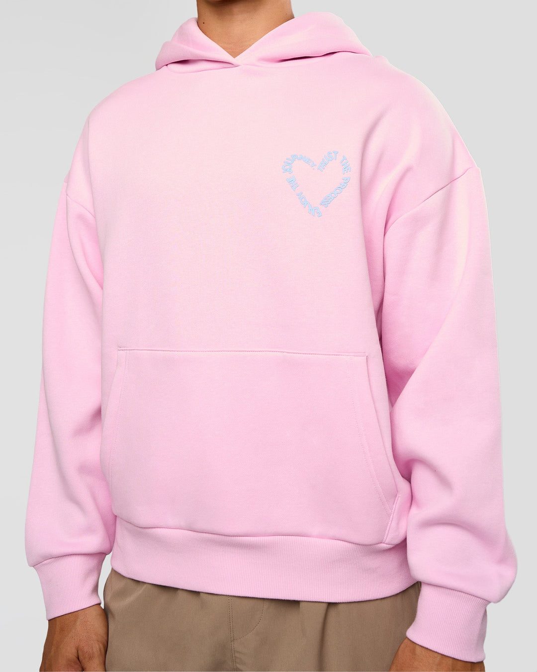 Man wearing Unisex Love The Process Oversize Hoodie - Marshmallow-Open Air | Model:Jackson | Size:L