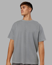 Man wearing Pressure Washed Heavyweight Oversize Tee - Grey-Bubblegum | Model:Jackson | Size:L