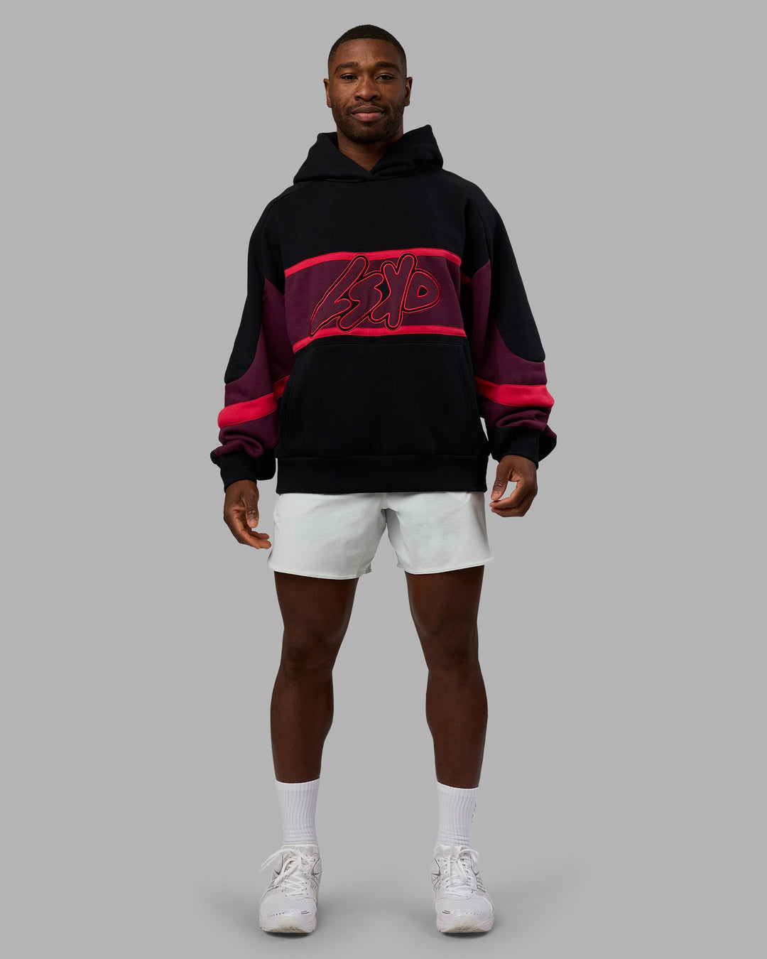 Man wearing Vibe Oversized Unisex Hoodie - Black-Cherry Lacquer | Model:Sam | Size:L - view 7