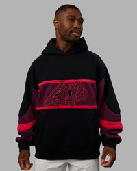 Man wearing Vibe Oversized Unisex Hoodie - Black-Cherry Lacquer | Model:Sam | Size:L | Thumbnail Index: 2
