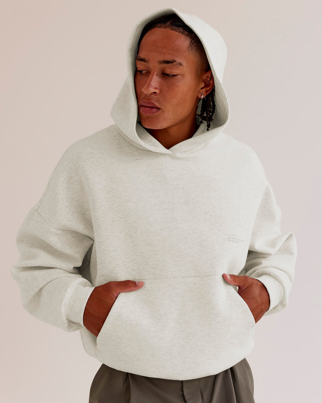 Man wearing AfterDark ZeroCrease Oversized Hoodie - Silver Marl | Model:Malebo |Size:M - view 4