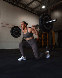 Woman wearing Elixir Ultra High-Rise Full Length Legging Pockets - Dark Storm Wash | Model:Tiare | Size:M