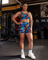 Woman wearing Galvanise Sports Bra 2.0 - React Print | Model:Vana | Size:M