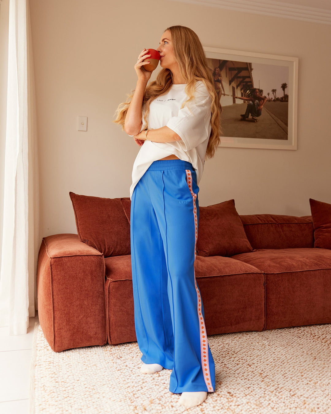 Woman wearing Peaches Track Pant - Palace Blue | Model:Tori | Size:M - view 3