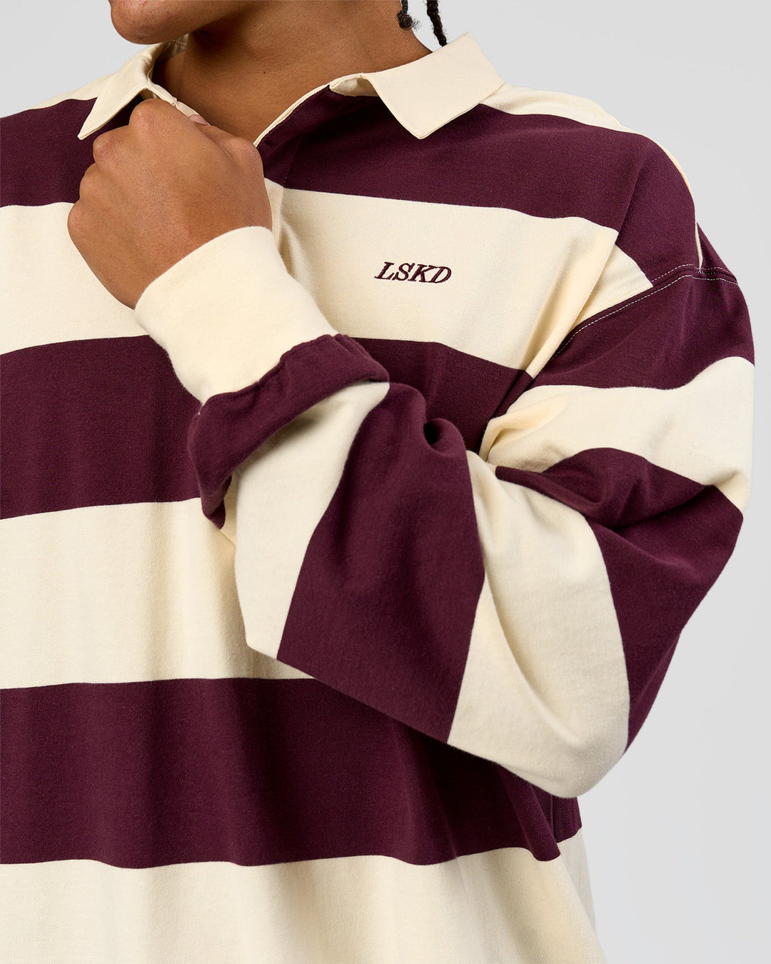 Man wearing Clubhouse Rugby Polo - Off White-Cherry | Model:Malebo | Size:M 