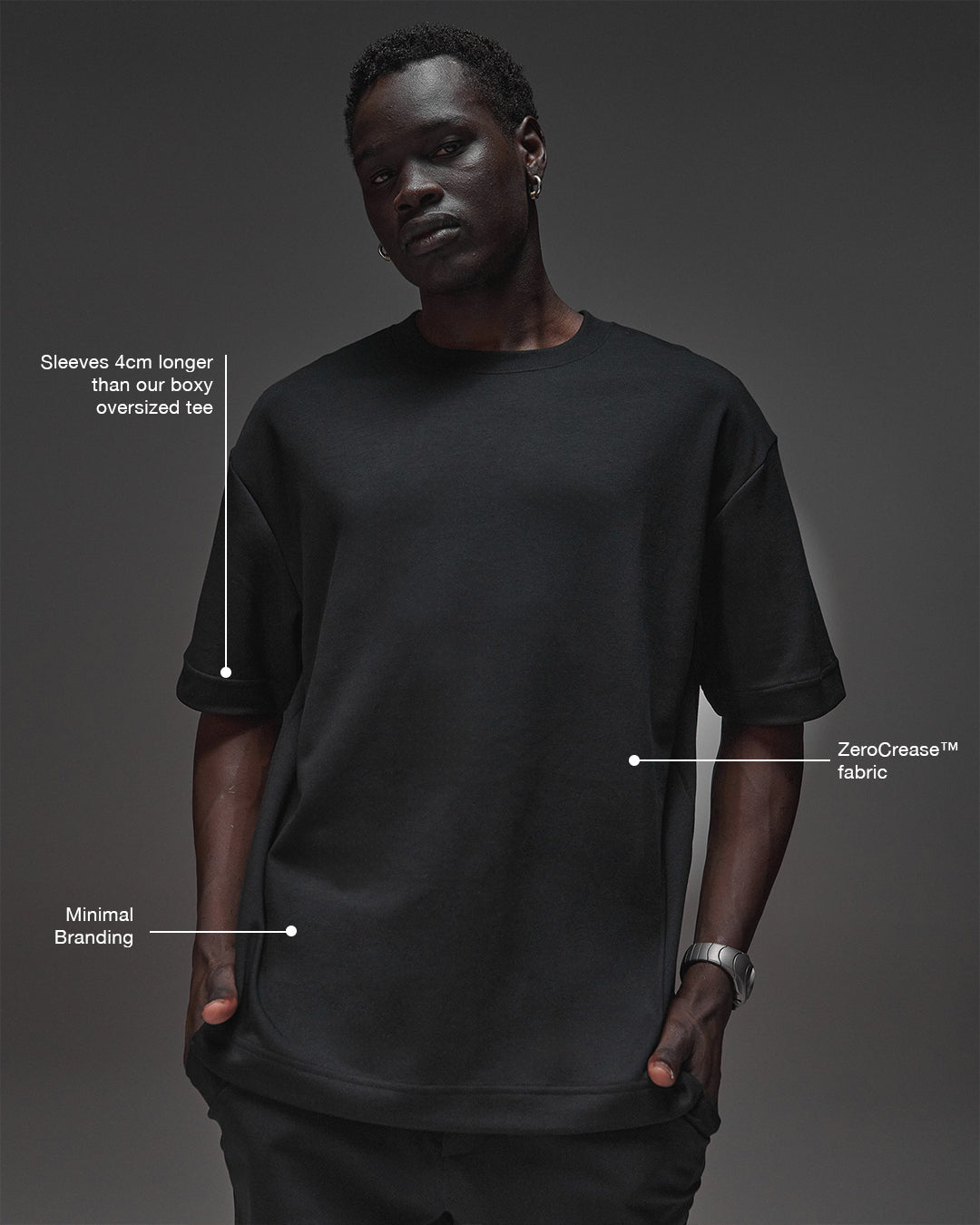 Man wearing AfterDark ZeroCrease Oversized Tee - Black | Model:Mabyro | Size:M