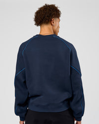Man wearing Axis Boxy Crew Sweater - Future Navy-Palace Blue | Model:Leandro | Size:M