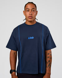 Man wearing Axis Heavyweight Oversized Boxed Tee - Future Navy-Palace Blue | Model:Malebo | Size:M