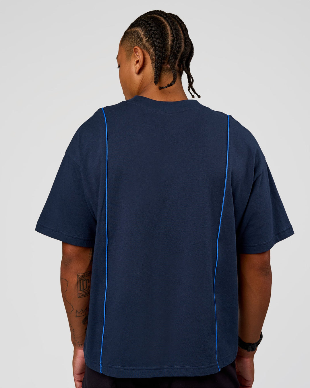 Man wearing Axis Heavyweight Oversized Boxed Tee - Future Navy-Palace Blue | Model:Malebo | Size:M