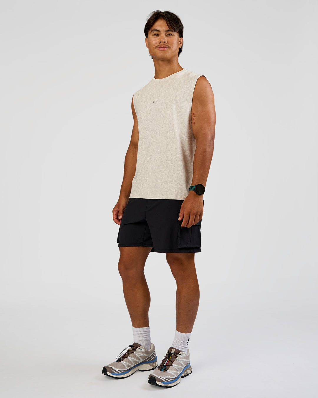 Man wearing Base Heavyweight FLXCotton Tank Regular Fit -8cm - Silver Marl | Model:George | Size:M - view 2