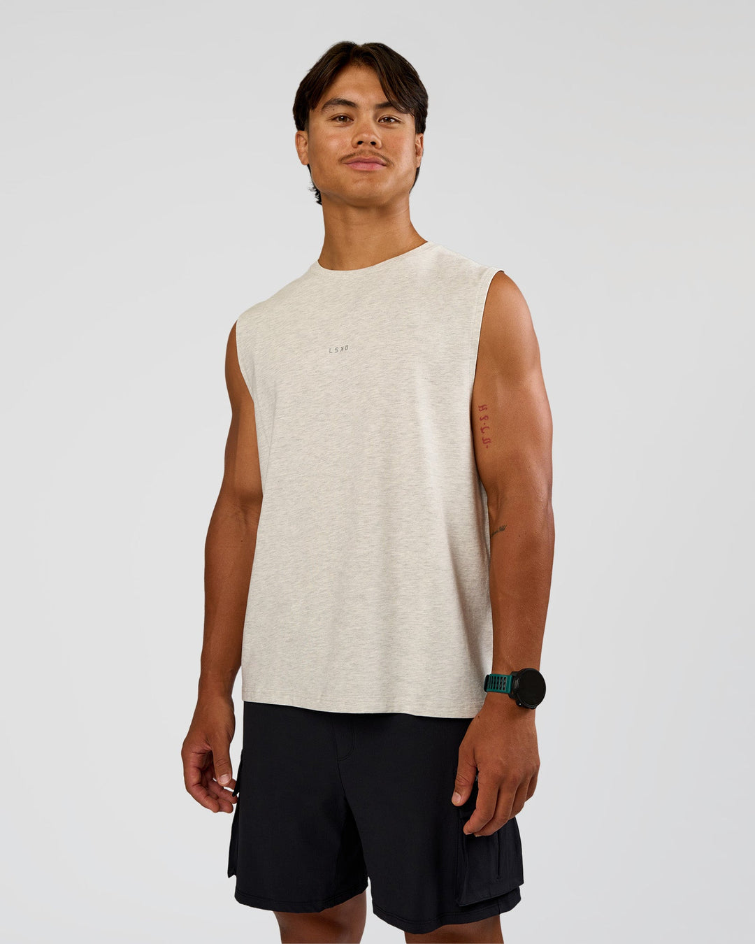 Man wearing Base Heavyweight FLXCotton Tank Regular Fit -8cm - Silver Marl | Model:George | Size:M - view 1