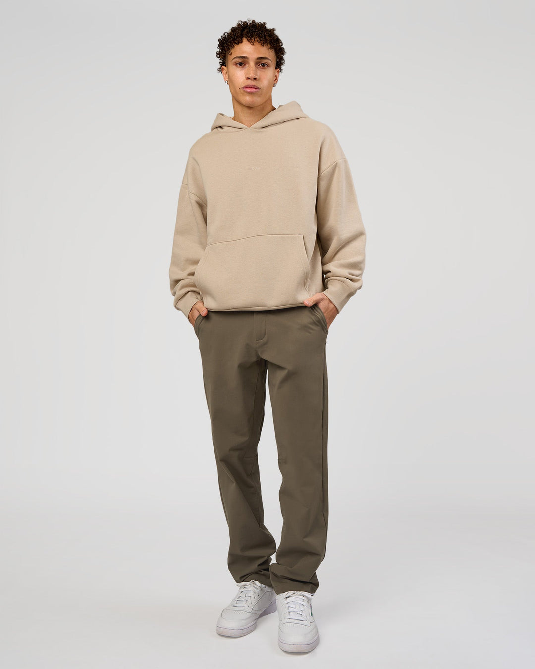 Man wearing Base Oversized Hoodie - Shale Beige | Model:Leandro | Size:M |