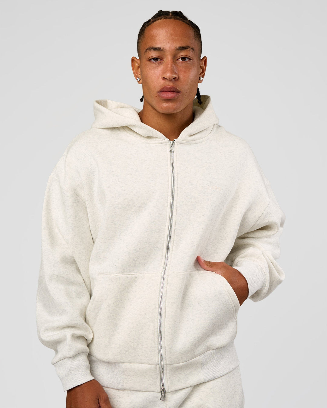 Man wearing Base Zip Through Oversized Hoodie - Silver Marl | Model:Malebo | Size:M