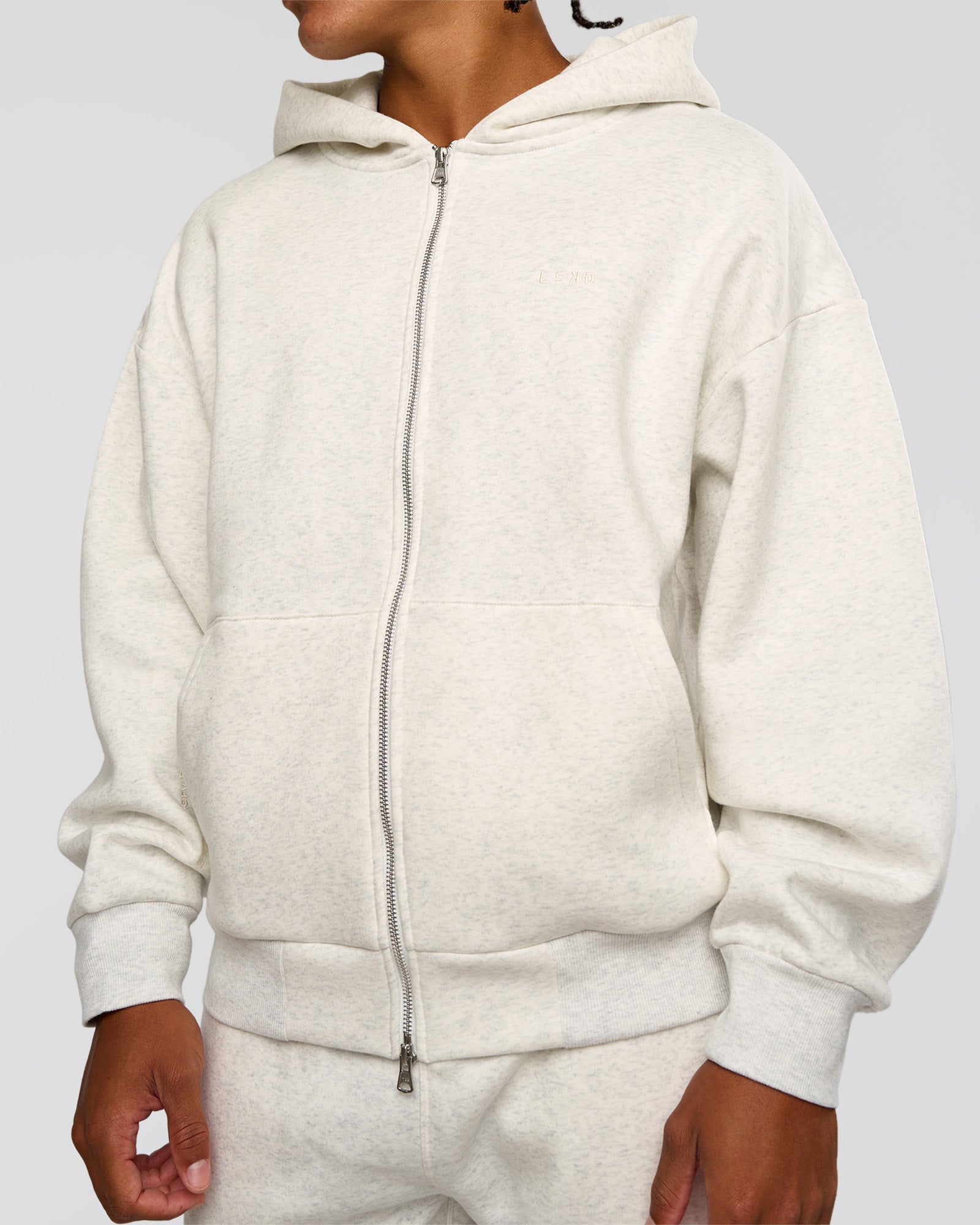 Man wearing Base Zip Through Oversized Hoodie - Silver Marl | Model:Malebo | Size:M
