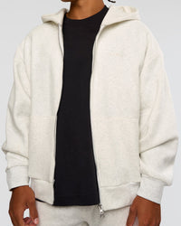 Man wearing Base Zip Through Oversized Hoodie - Silver Marl | Model:Malebo | Size:M