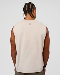 Man wearing CF Unisex Oversized Heavyweight Boxed Tank - Clay-CF Move Through It | Model:Malebo | Size:M