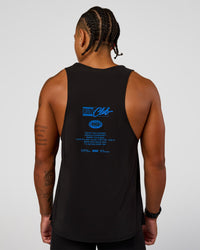 Man wearing Cadence Run Club Script Values Tank - Black-Palace Blue | Model:Malebo | Size:M