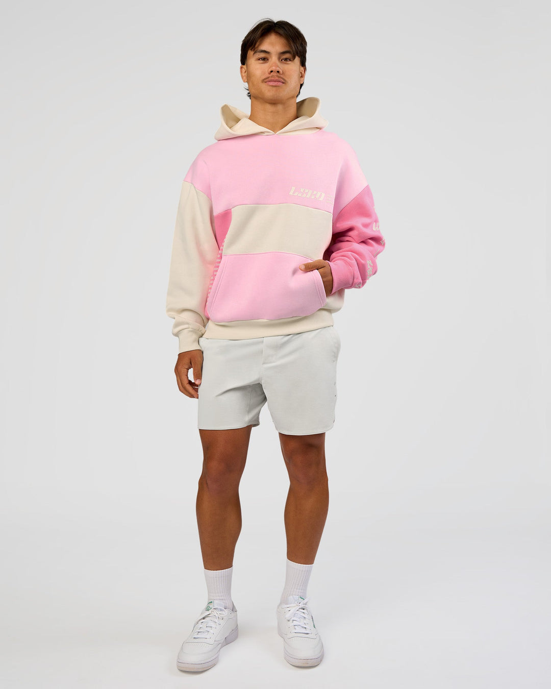 Man wearing Deconstructed Fleece Hoodie - Off White-Marshmallow-Pink | Model:George | Size:M