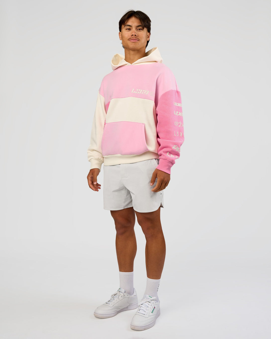 Man wearing Deconstructed Fleece Hoodie - Off White-Marshmallow-Pink | Model:George | Size:M