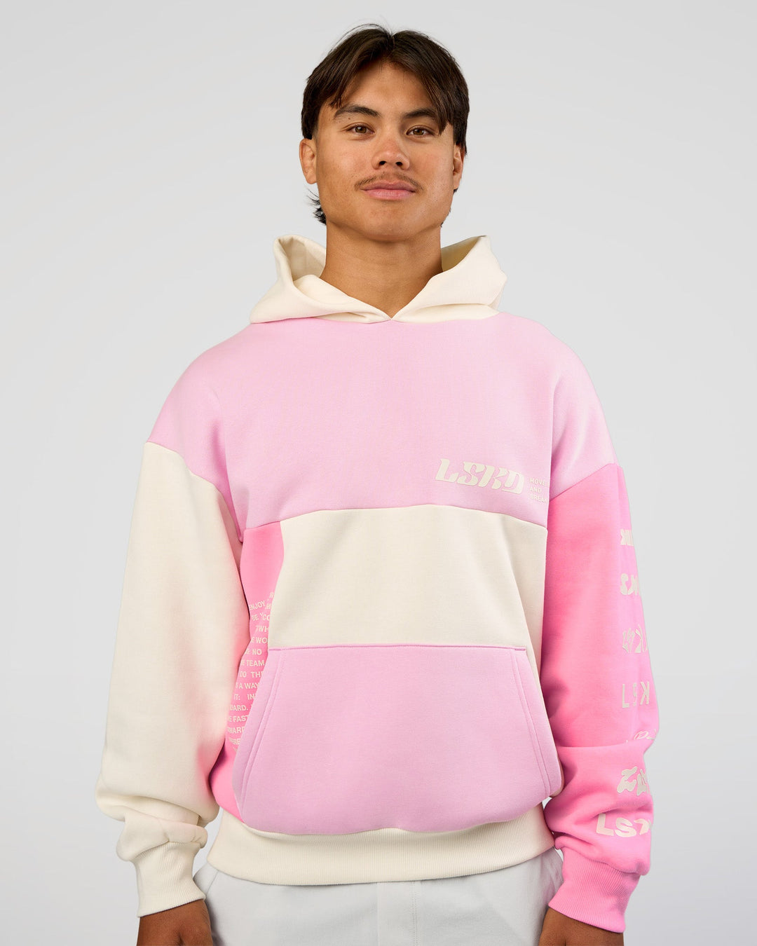 Man wearing Deconstructed Fleece Hoodie - Off White-Marshmallow-Pink | Model:George | Size:M