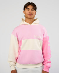 Man wearing Deconstructed Fleece Hoodie - Off White-Marshmallow-Pink | Model:George | Size:M
