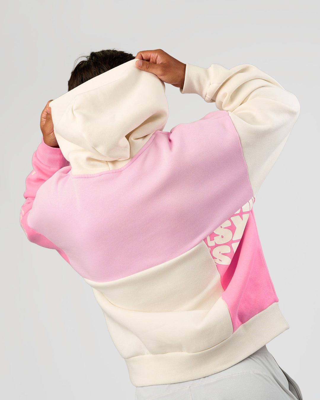 Man wearing Deconstructed Fleece Hoodie - Off White-Marshmallow-Pink | Model:George | Size:M