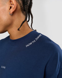 Man wearing GG Heavyweight Oversized Tee - Future Navy | Model:Malebo | Size:M