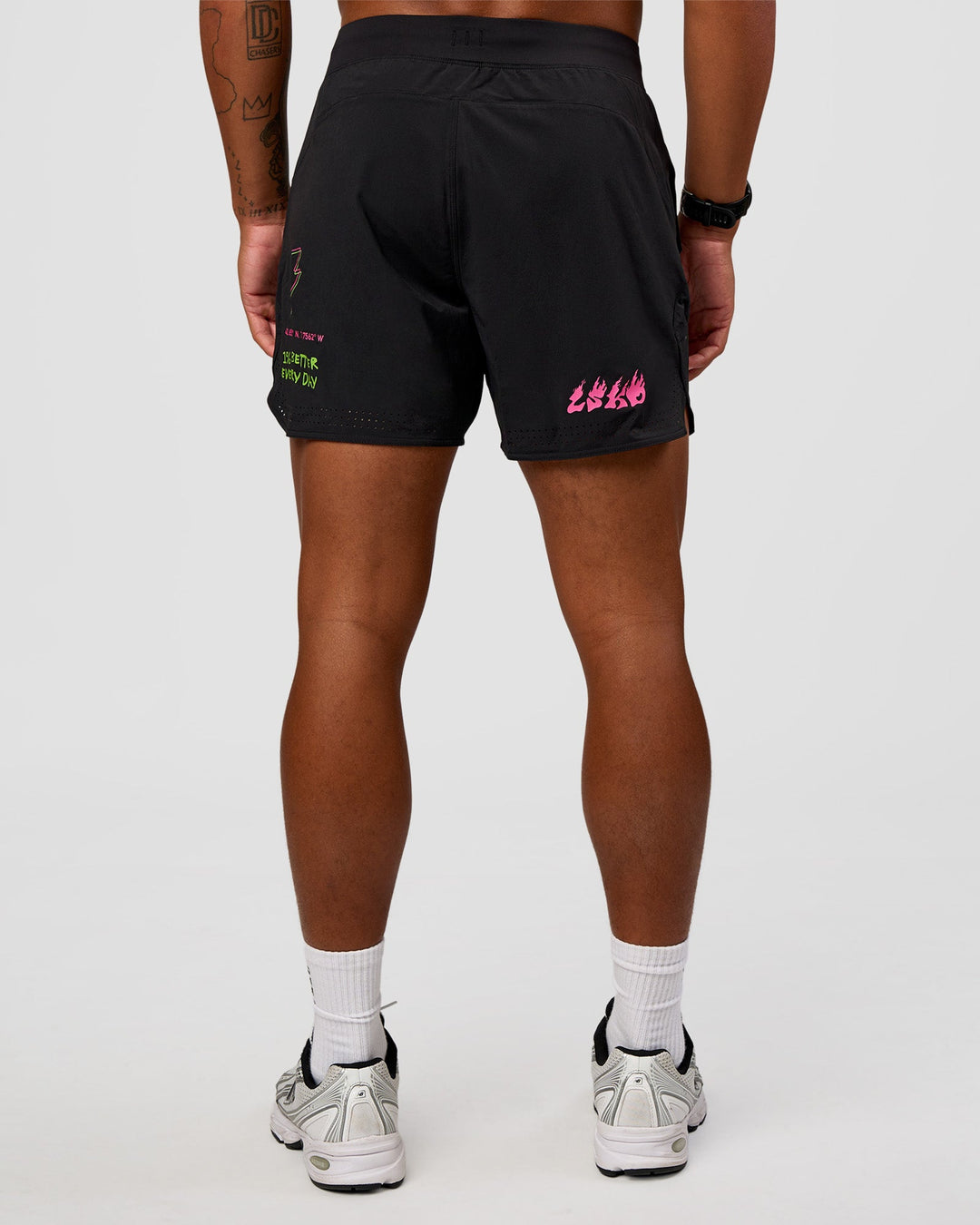 Man wearing Lift 6" Short - Black-Sugar Plum Lime | Model:Malebo | Size:M