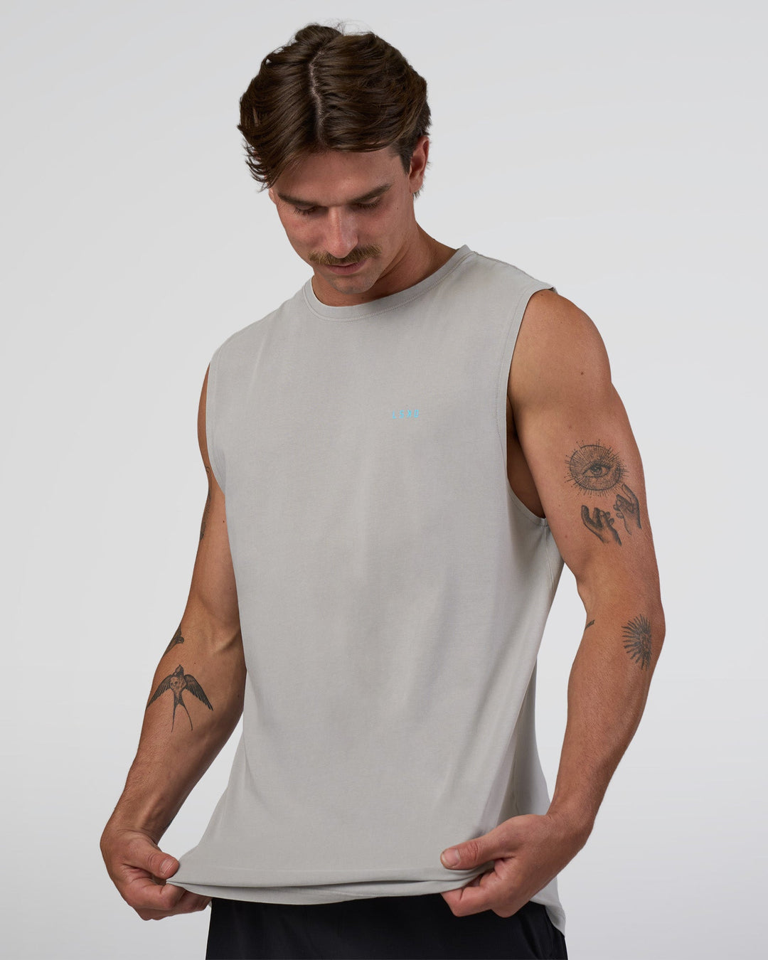 Man wearing Lifting Club FLXCotton Tank - Washed Alloy-Baltic Sea | Model:Konnor | Size:M - view 1