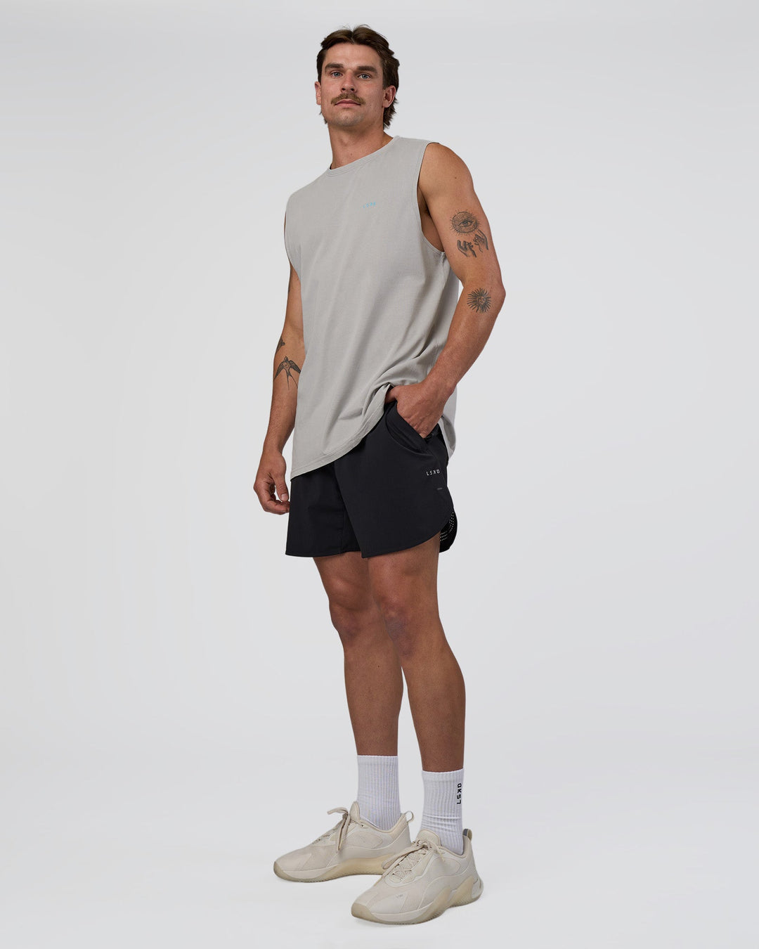 Man wearing Lifting Club FLXCotton Tank - Washed Alloy-Baltic Sea | Model:Konnor | Size:M - view 3