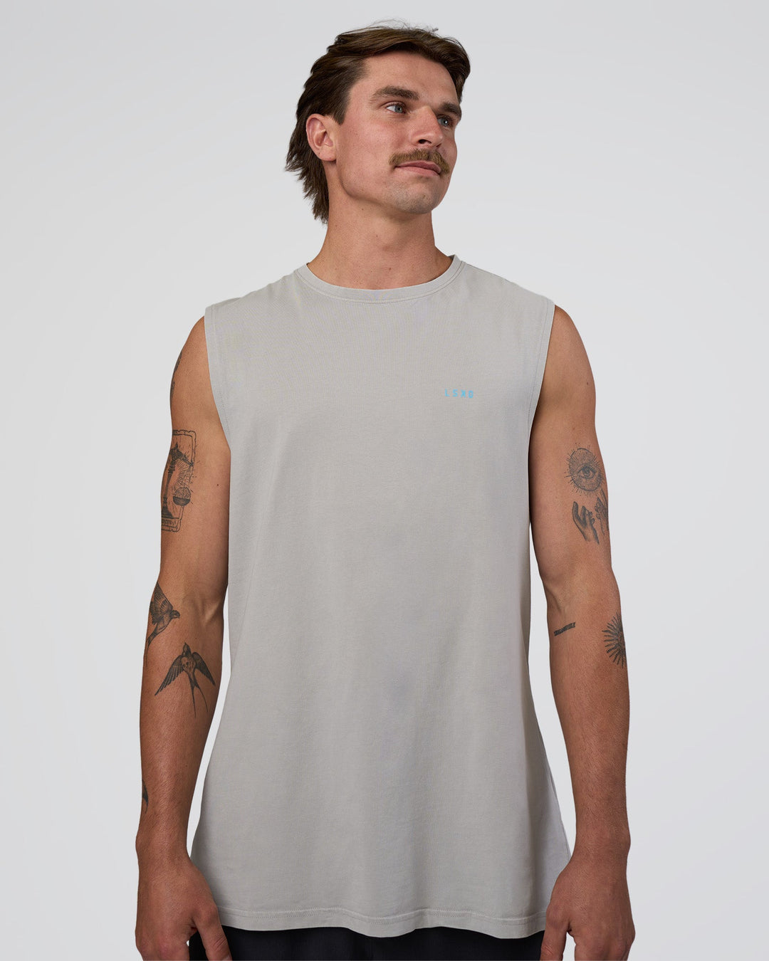 Man wearing Lifting Club FLXCotton Tank - Washed Alloy-Baltic Sea | Model:Konnor | Size:M - view 4