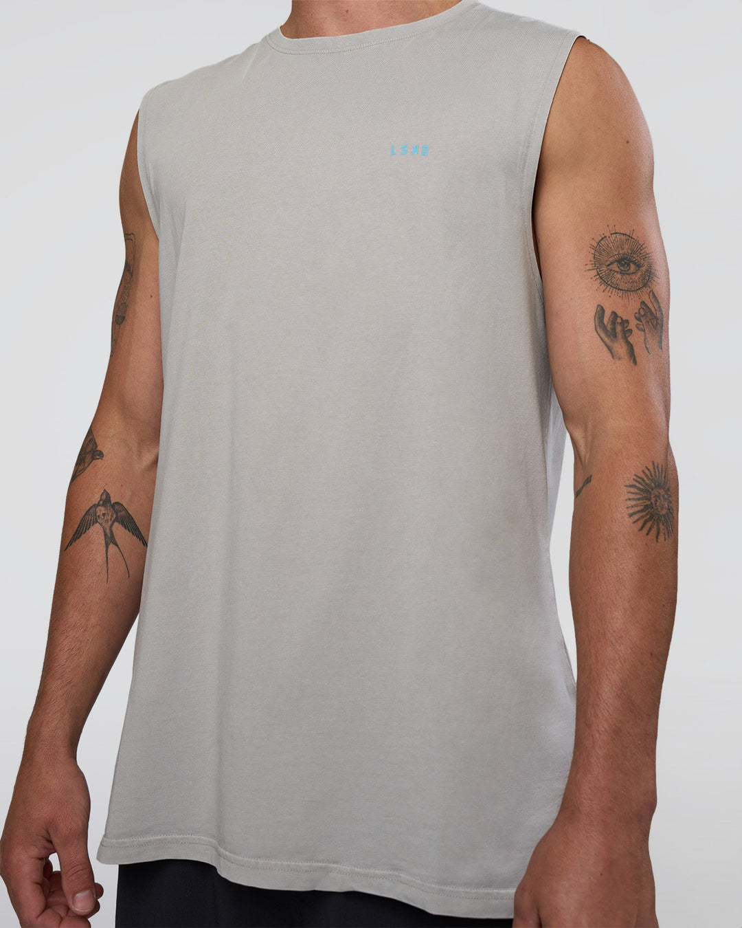 Man wearing Lifting Club FLXCotton Tank - Washed Alloy-Baltic Sea | Model:Konnor | Size:M - view 6