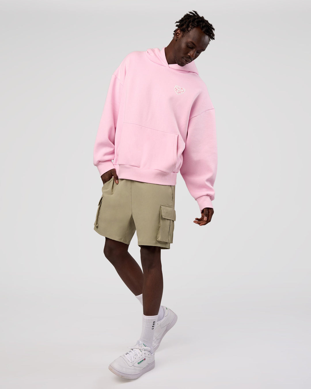 Man wearing Love The Journey Unisex Oversized Hoodie - Marshmallow-White | Model:Okello | Size:M