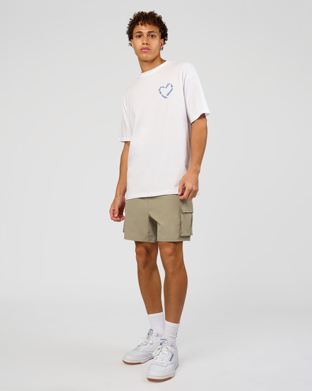 Man wearing Love The Process FLXCotton Oversize Tee - White-Electric Indigo | Model:Leandro | Size:M - view 6