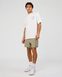 Man wearing Love The Process FLXCotton Oversize Tee - White-Electric Indigo | Model:Leandro | Size:M | Thumbnail Index: 5