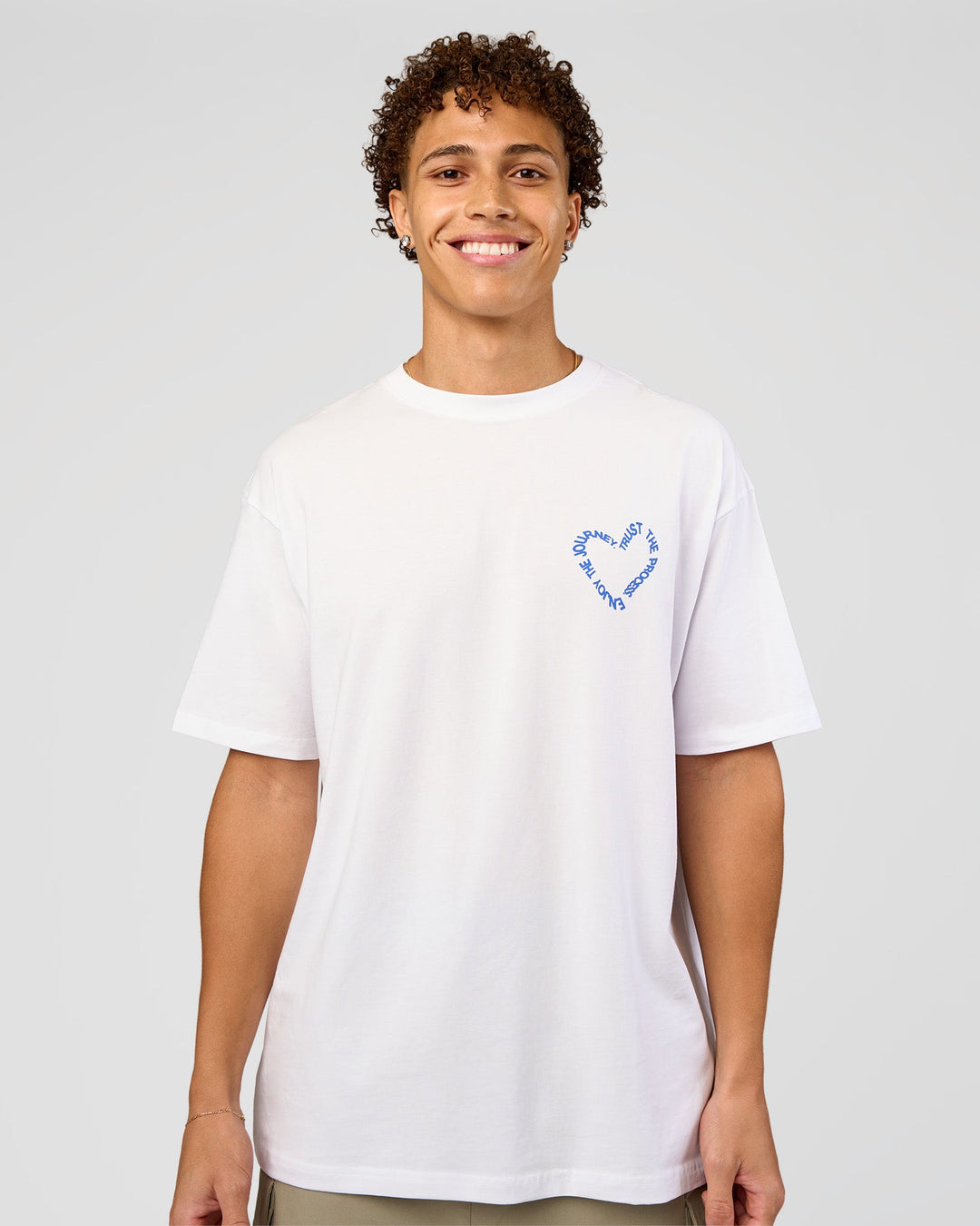 Man wearing Love The Process FLXCotton Oversize Tee - White-Electric Indigo | Model:Leandro | Size:M - view 3